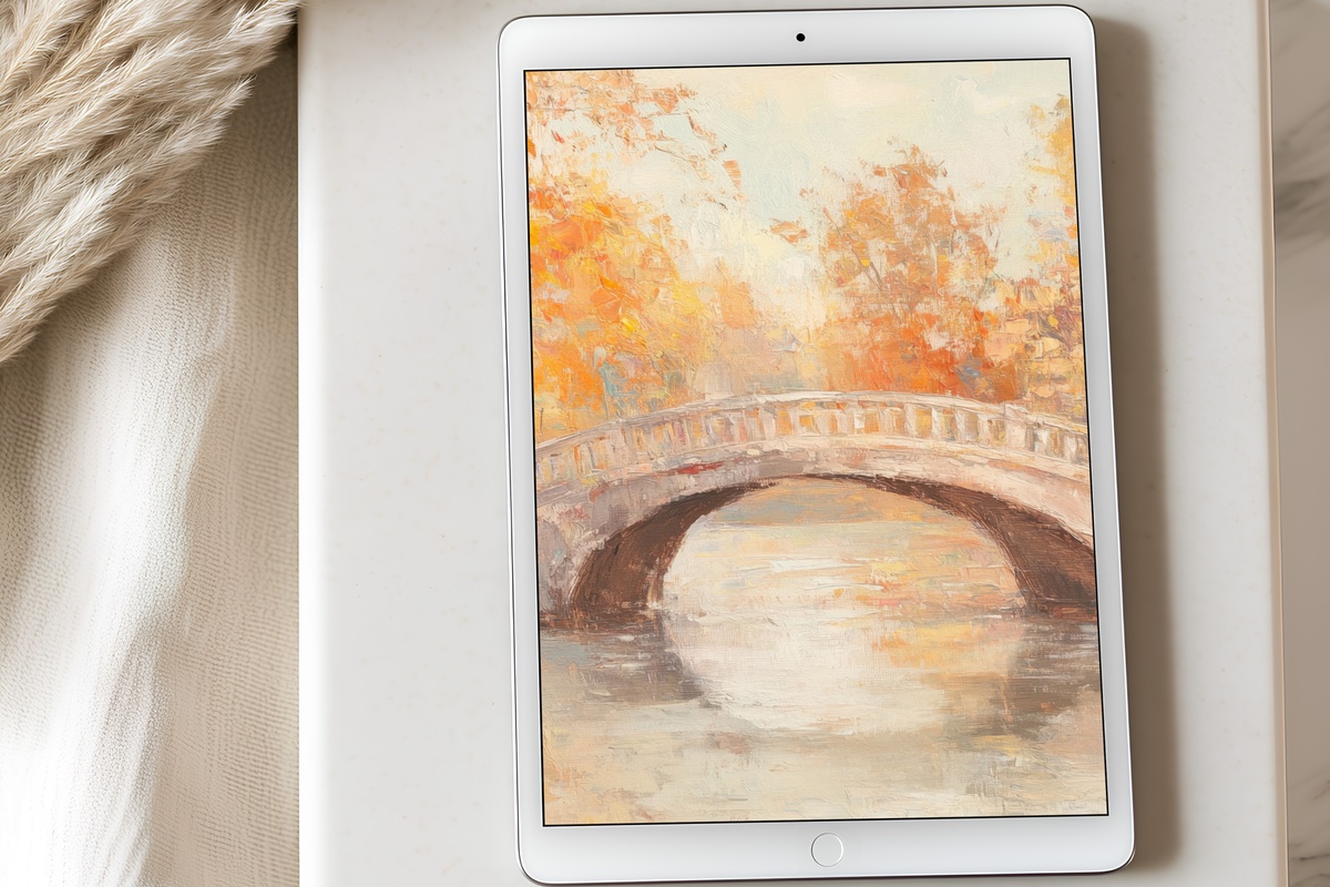 Autumn Bridge's Tranquil Passage Vintage iPad Wallpaper - impressionist autumn bridge in warm amber for iPad and Android tablet