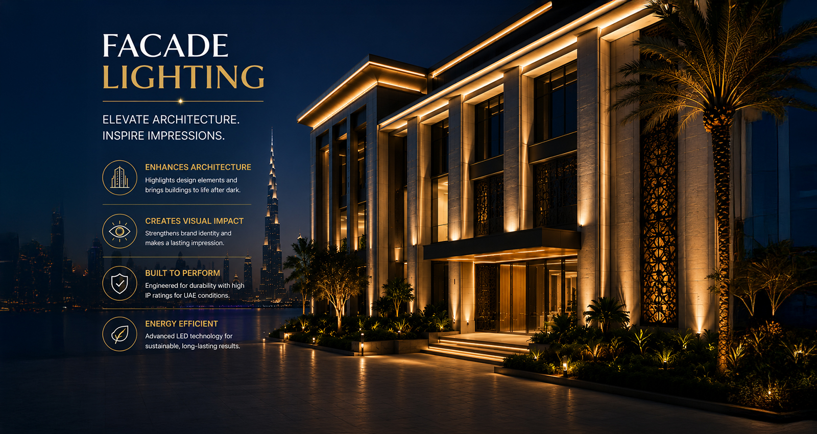 blog-m-3.jpg Modern facade lighting highlighting architectural LED lighting on a luxury commercial building in the UAE.