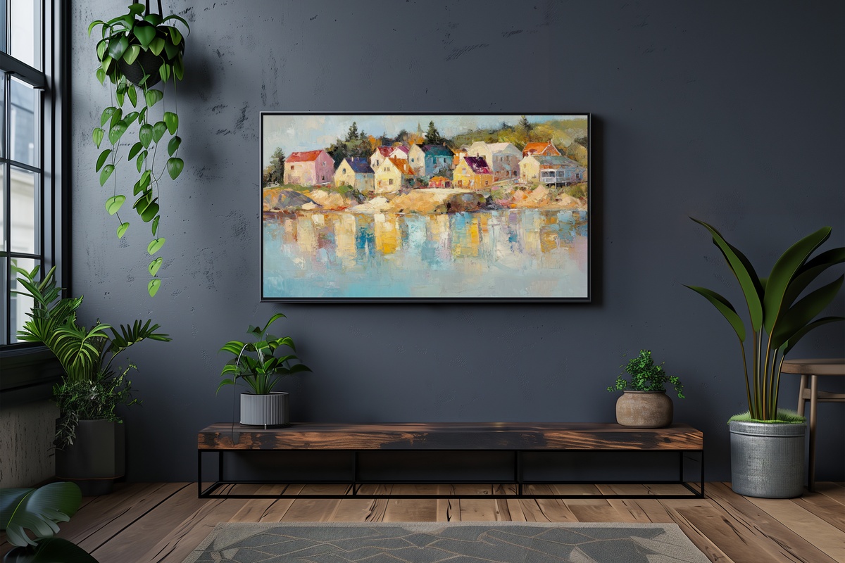Impressionist Village Harmony Coastal Frame TV Art — coastal village in impressionistic brushstrokes