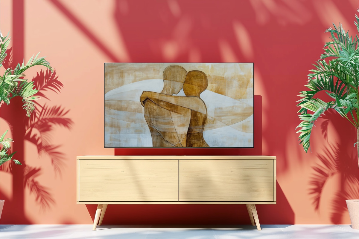 Minimalist Human Harmony Frame TV Art featuring two figures in an embrace rendered in clean line forms
