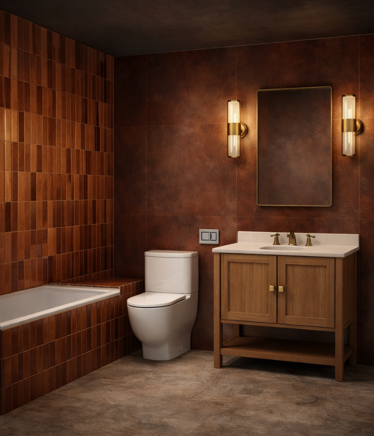 Warm bathroom with copper-toned tile, wood vanity, and brass fixtures