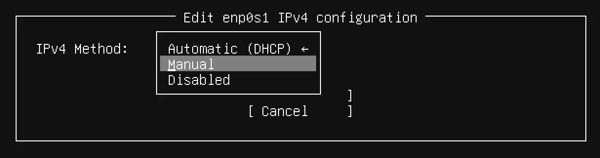 Edit enp0s1 IPv4 configuration > IPv4 Method: Manual