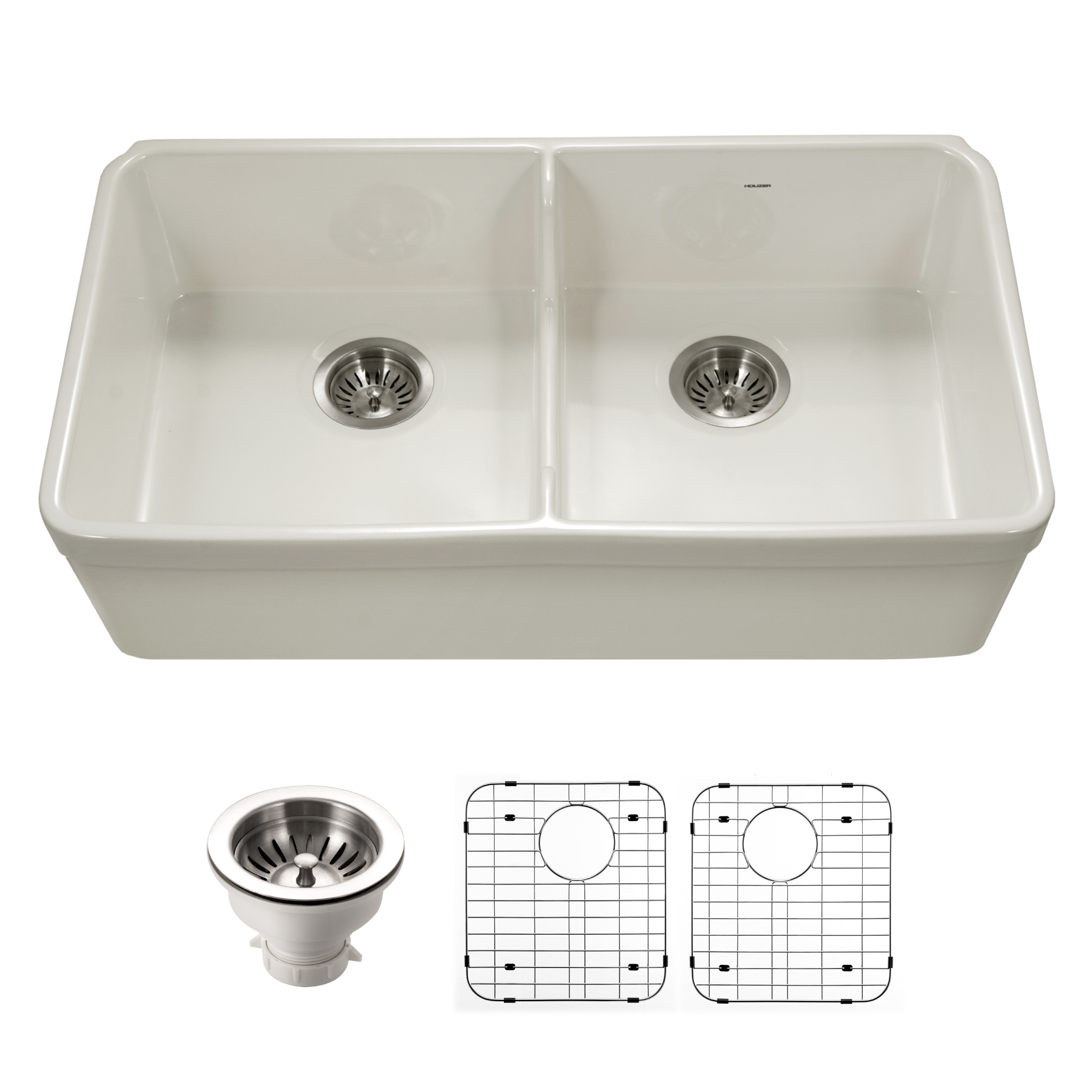 Houzer 32" Fireclay 50/50 Double Bowl Farmhouse Kitchen Sink, Biscuit, Platus Series, PTD-6400 BQ