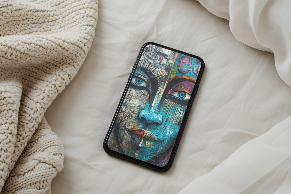 Tribal Mask Whimsy boho phone wallpaper in earth tones
