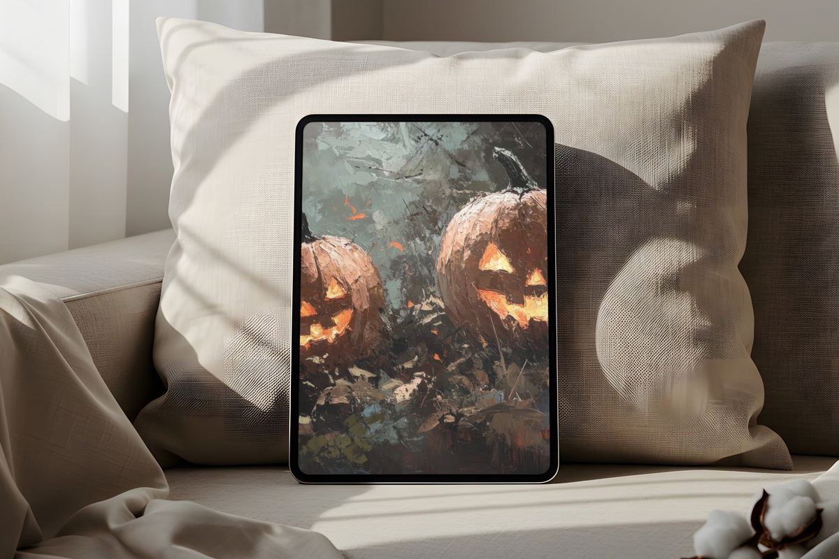 Jack-O-Lantern Luminous Dance Halloween iPad Wallpaper with warm glowing pumpkin tones