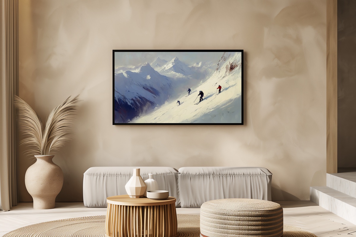 Alpine Descent Frame TV Art - mountain skiing adventure in snow