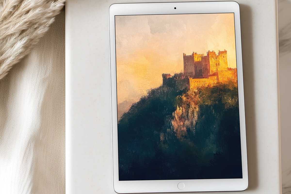 Castle Sunset Layers vintage iPad wallpaper with soft amber and layered sky
