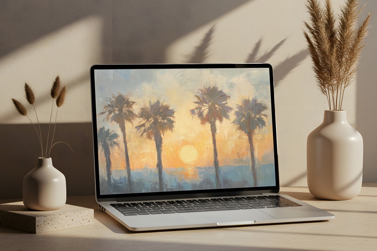 Sunlit Whisper of Palms Summer Desktop Wallpaper - textured golden tropical palms