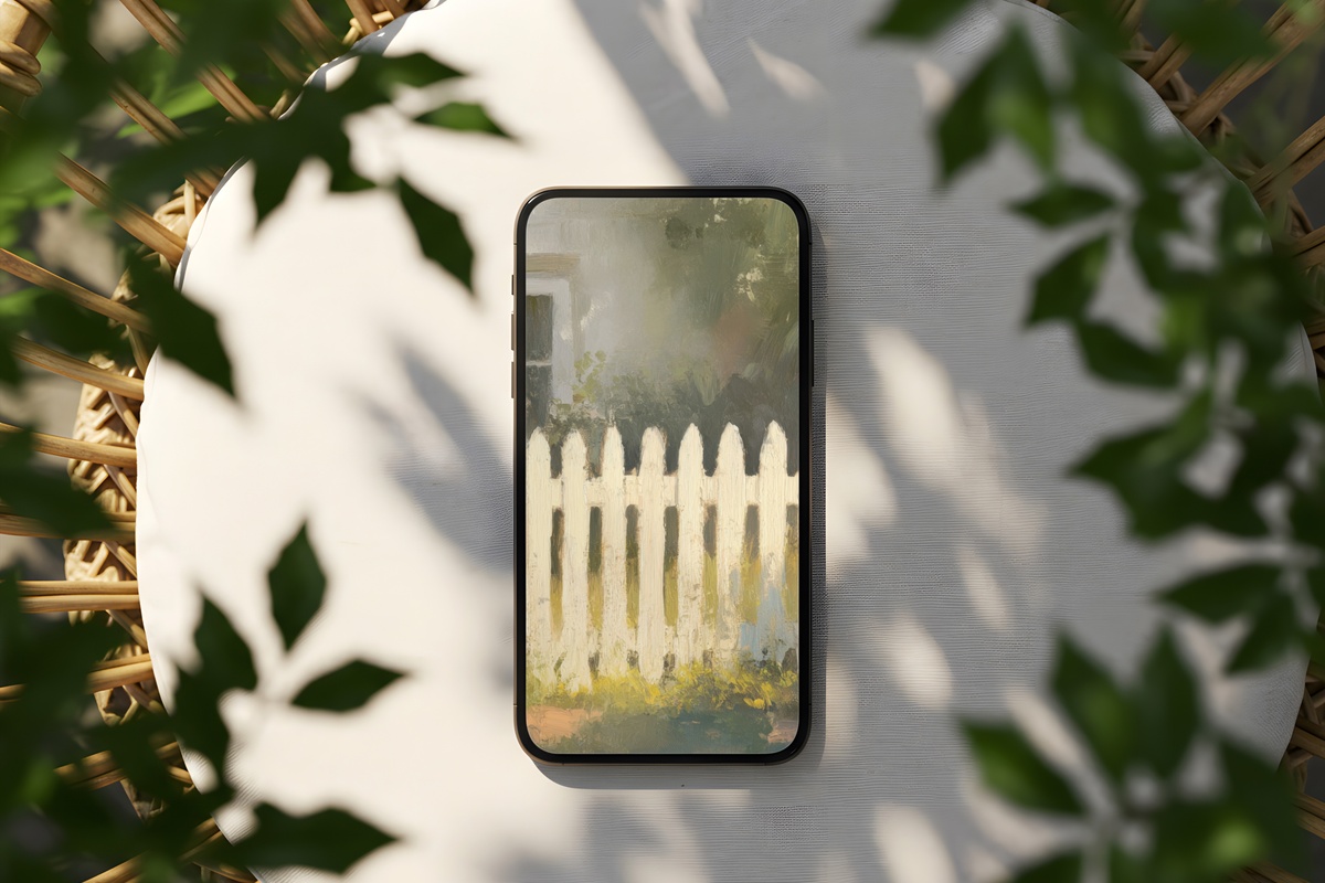 Picket Fence Garden Serenity Farmhouse iPhone Wallpaper in soft blush tones