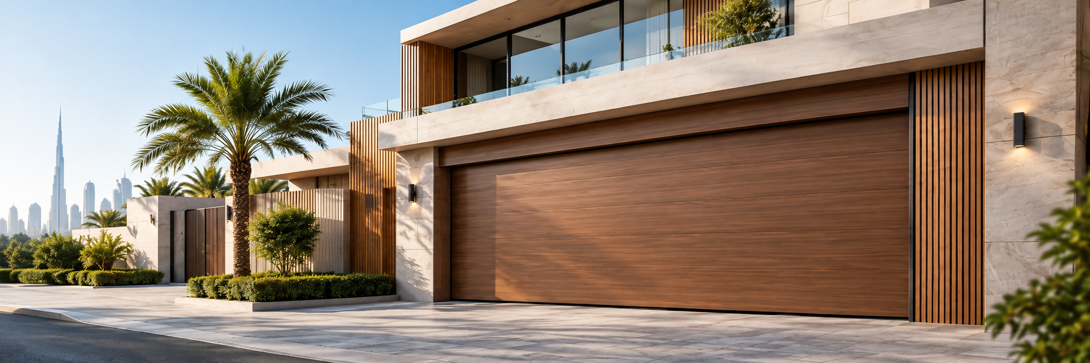 Modern villa with a wood-clad garage door and stone facade in the UAE.