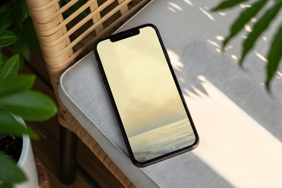 Dusk Beacon Warmth coastal iPhone wallpaper — lighthouse silhouette in soft blue and peach coastal dusk