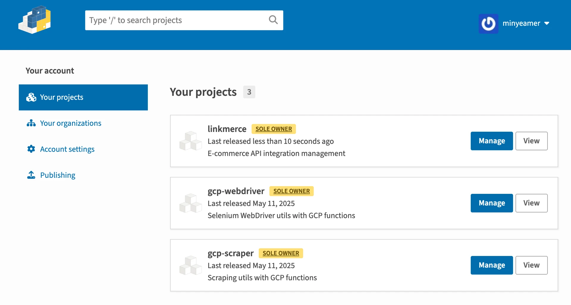 PyPI > Your projects (3)