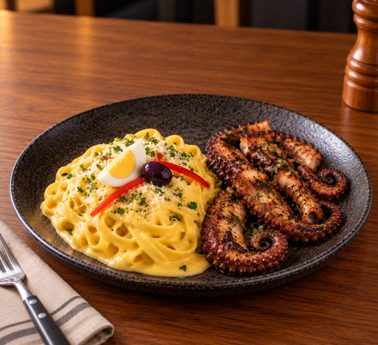Fetuccini a la Huancaína con Pulpo a la Parrilla