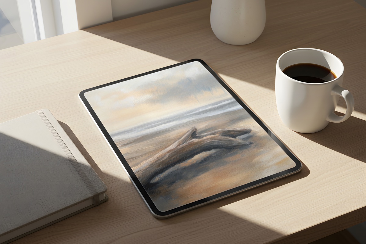 Driftwood Shore Solitude Coastal iPad Wallpaper with serene neutral tones
