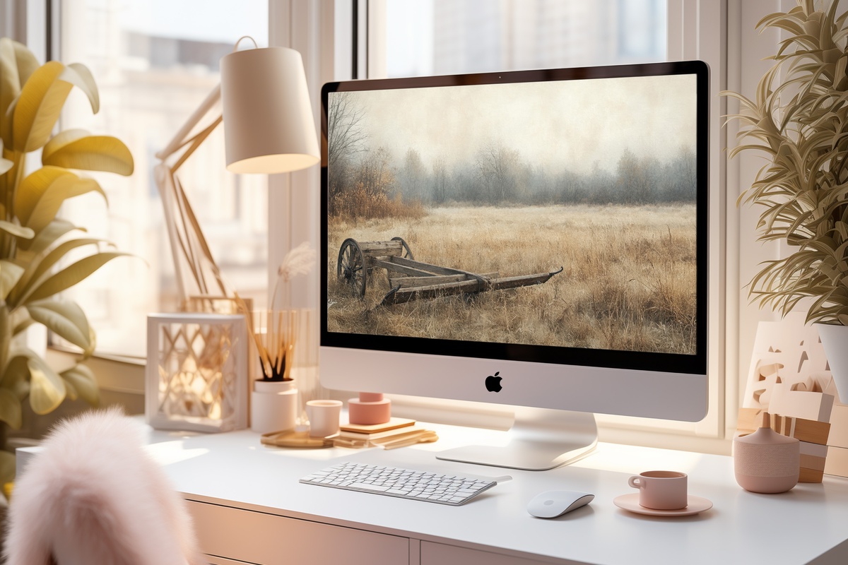 Field of Plow Antiques farmhouse desktop wallpaper — impressionist scene with antique plow in an open field