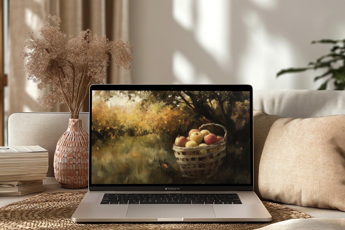 Orchard Apple Harvest fall desktop wallpaper featuring a basket of apples in an autumn orchard scene