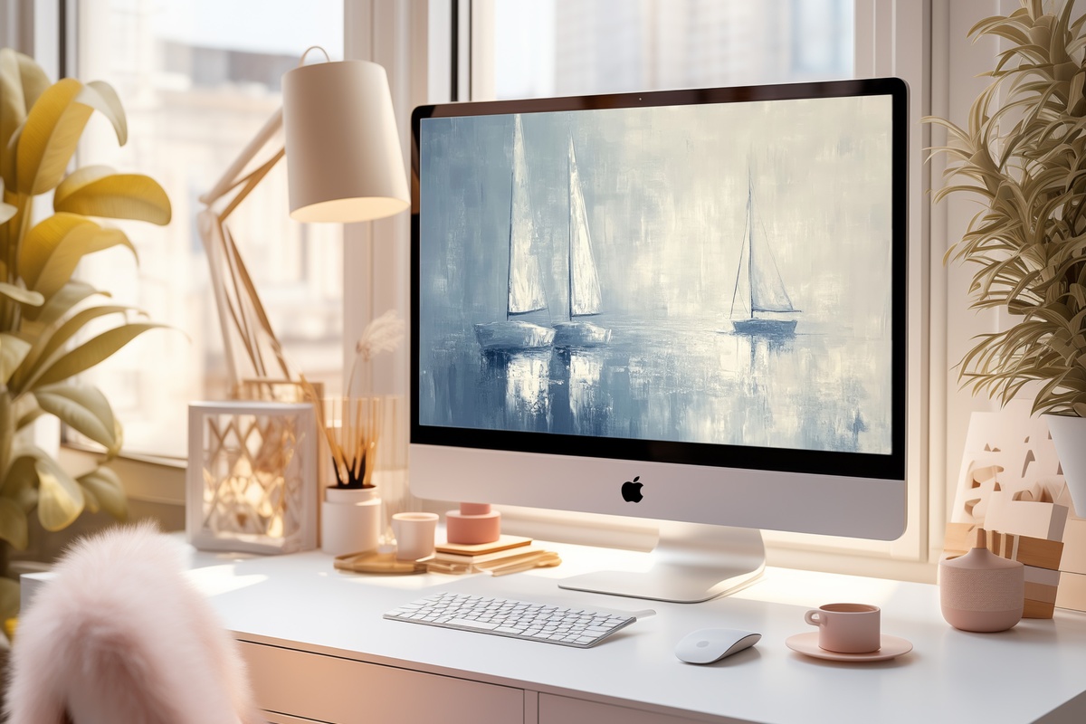 Sailing in Still Waters coastal desktop wallpaper with sailboats on a calm impressionist bay
