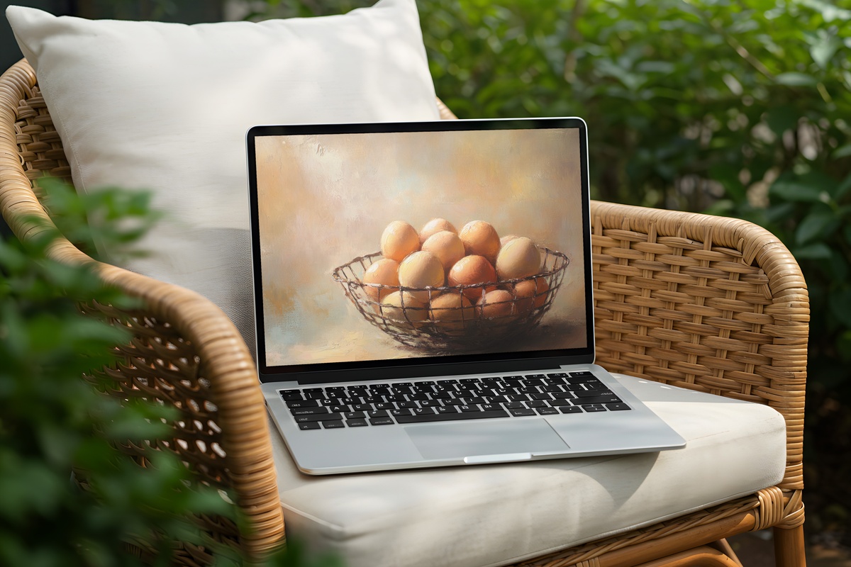 Rustic Fresh Eggs Delight farmhouse desktop wallpaper with fresh eggs painted in rustic impressionist style