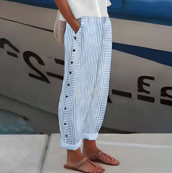 Lavisa - Women's Wide-Leg Striped Pants with Button Detail