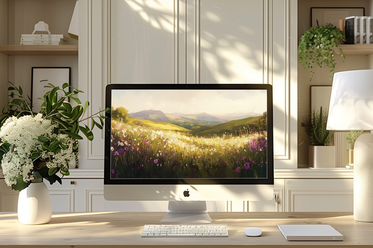 Impressionist Hillside Blooming landscape PC wallpaper with floral color