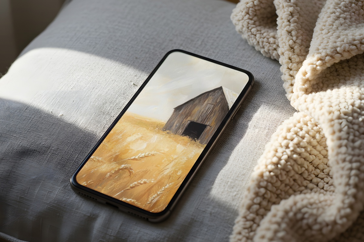 Impressionist Wheat Barn Splendor iPhone Wallpaper in golden creamy tones