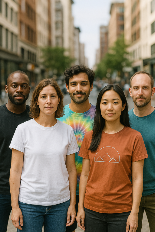 Diverse group wearing stylish funny graphic T-shirts in urban setting