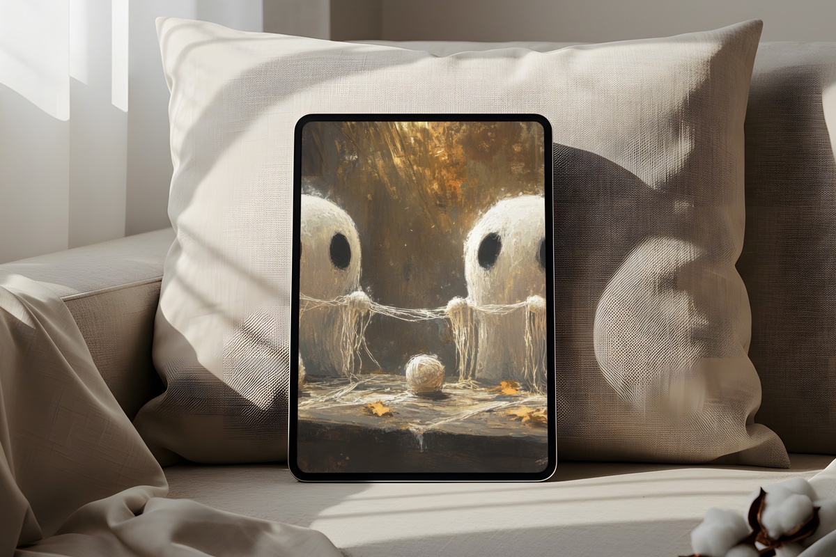 Ghostly Knitters in Cozy Scarves Halloween iPad Wallpaper with amber-hued cozy ghost characters
