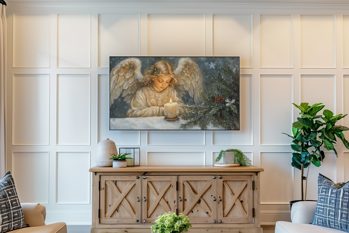 Candlelit Angel in Serenity Christmas Frame TV Art