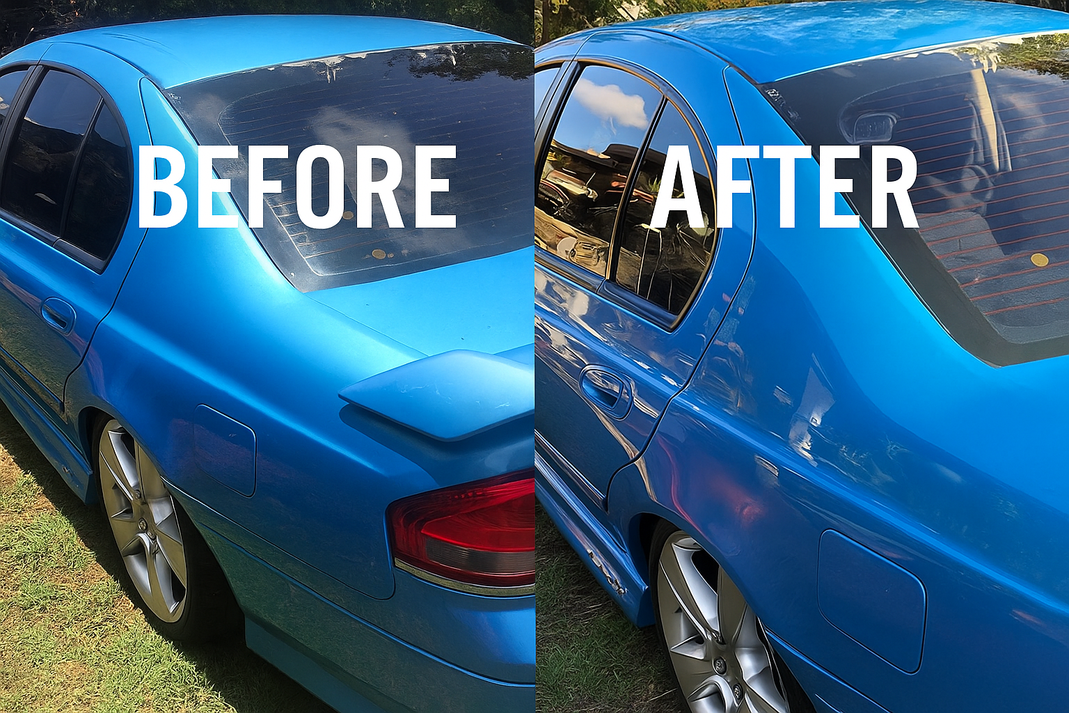 Blue sedan before and after Regloss paint treatment