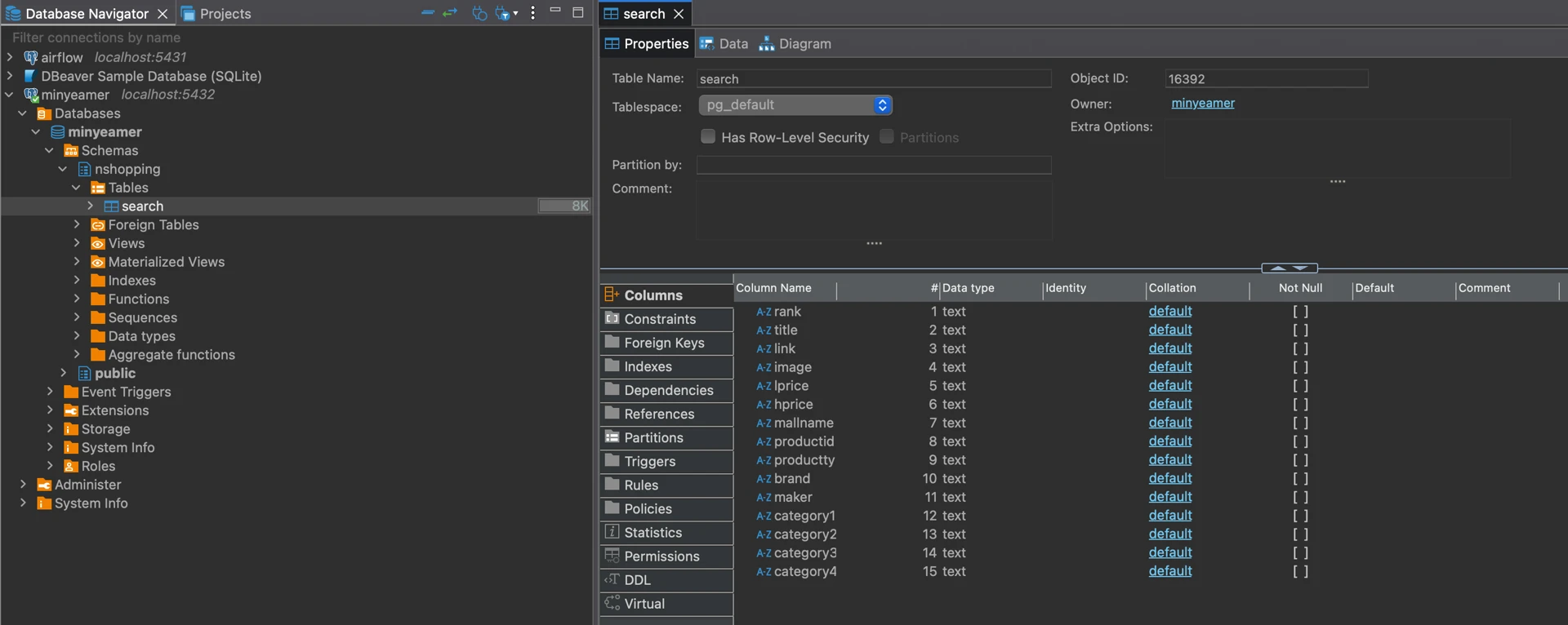 search > Properties > Columns