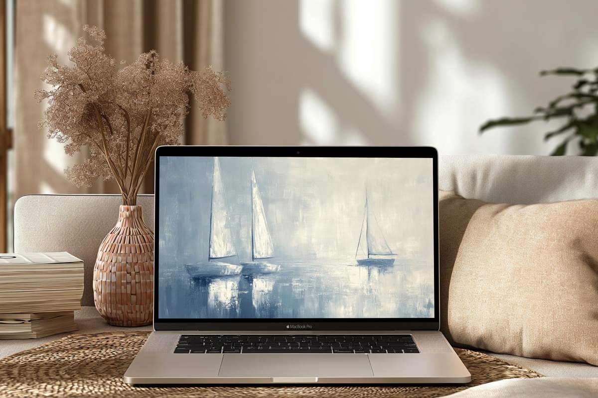 Sailing in Still Waters coastal desktop wallpaper with sailboats on calm bay in impressionist style