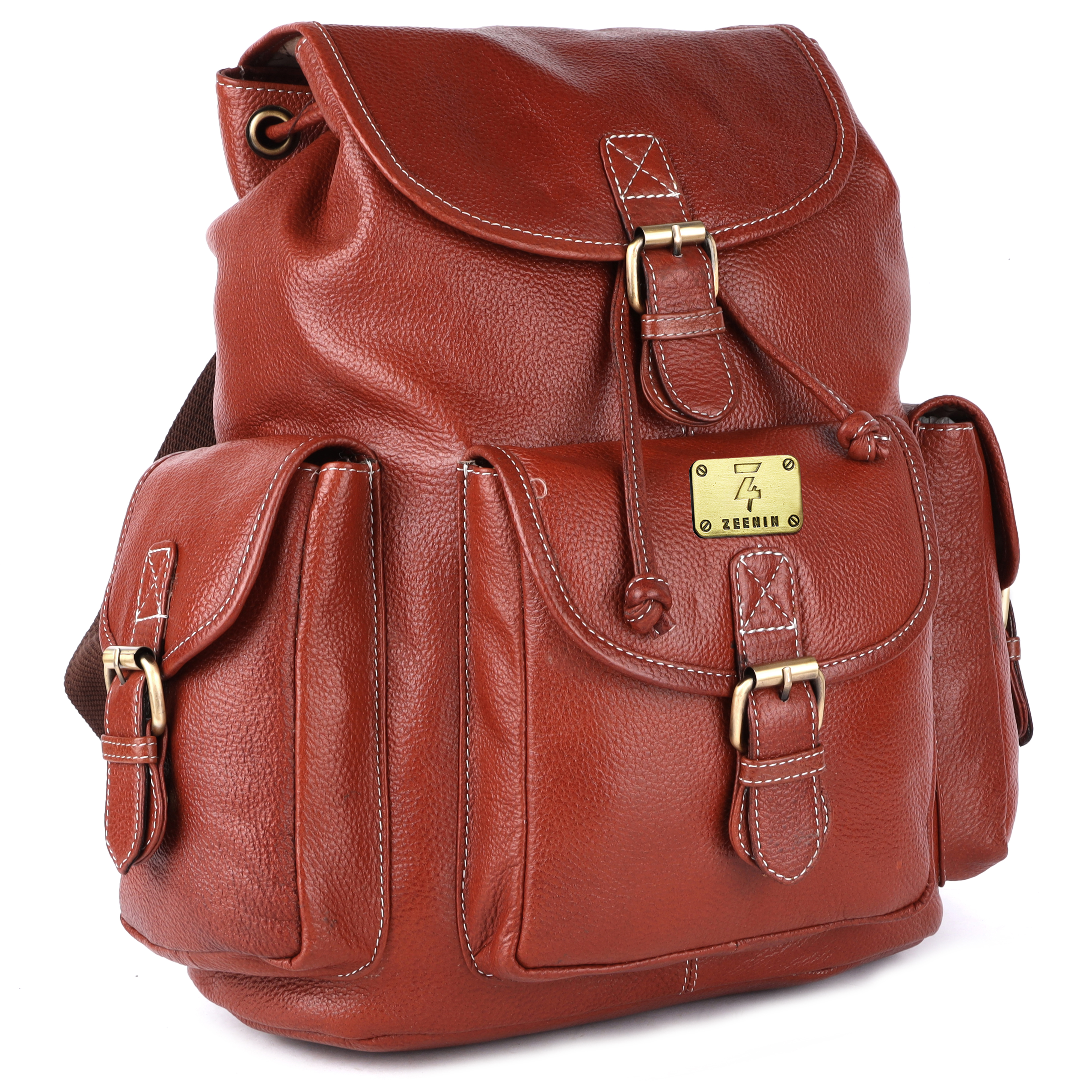 Zeenin Pure Genuine Leather Spacious 14.5 inch Backpack Daypack Rucksack Casual Office Bag |Travel Business Daily Use| Brass Buckles Flip Pockets | Tan