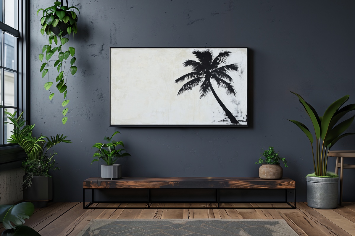 Monochrome Palm Elegance Neutral Frame TV Art