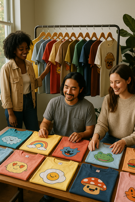 Diverse group wearing stylish funny graphic T-shirts in urban setting