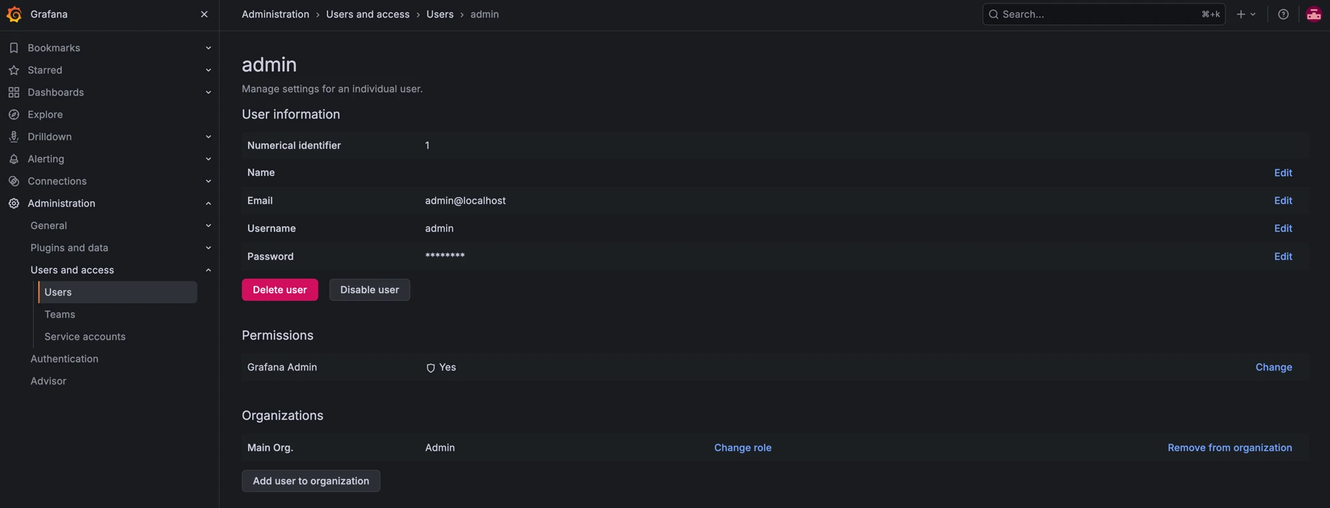 Administration > Users and access > Users > admin