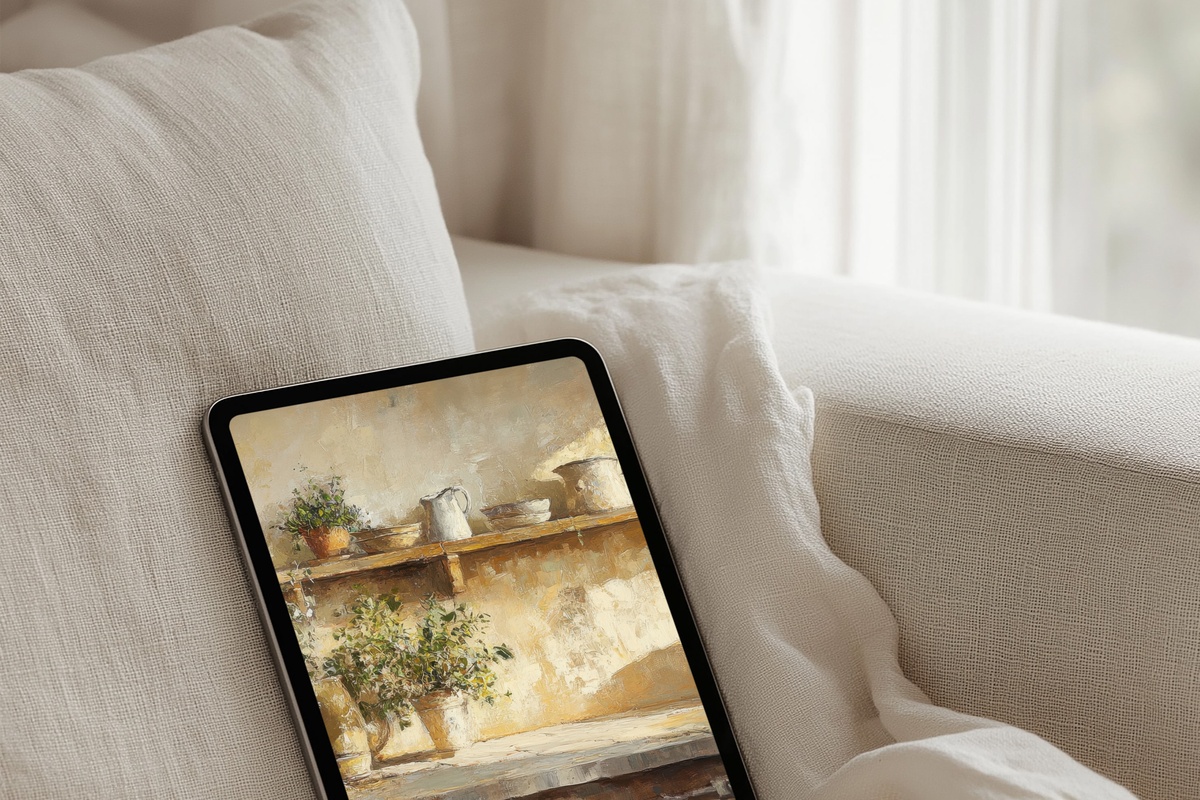 Fresh Herbs in Farmhouse Kitchen farmhouse iPad wallpaper in sunlight hues