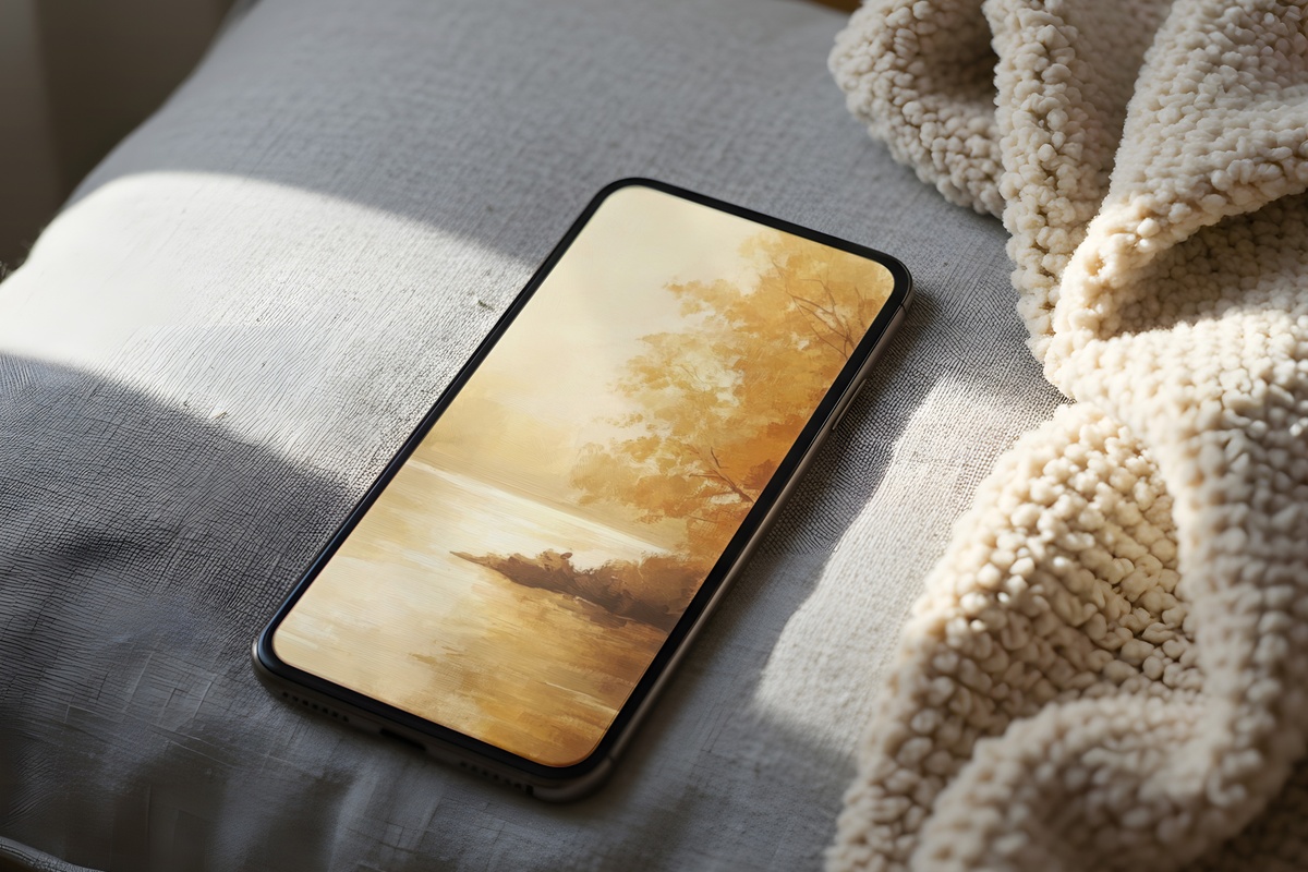 Tranquil Autumn River Flow landscape iPhone wallpaper with warm amber tones