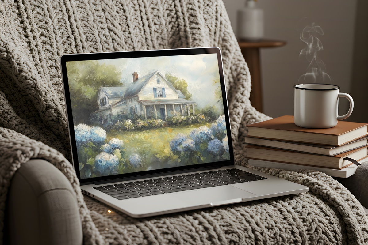 Hydrangeas in Farmhouse Bloom desktop wallpaper with soft blue-lilac hydrangea clusters in a farmhouse garden
