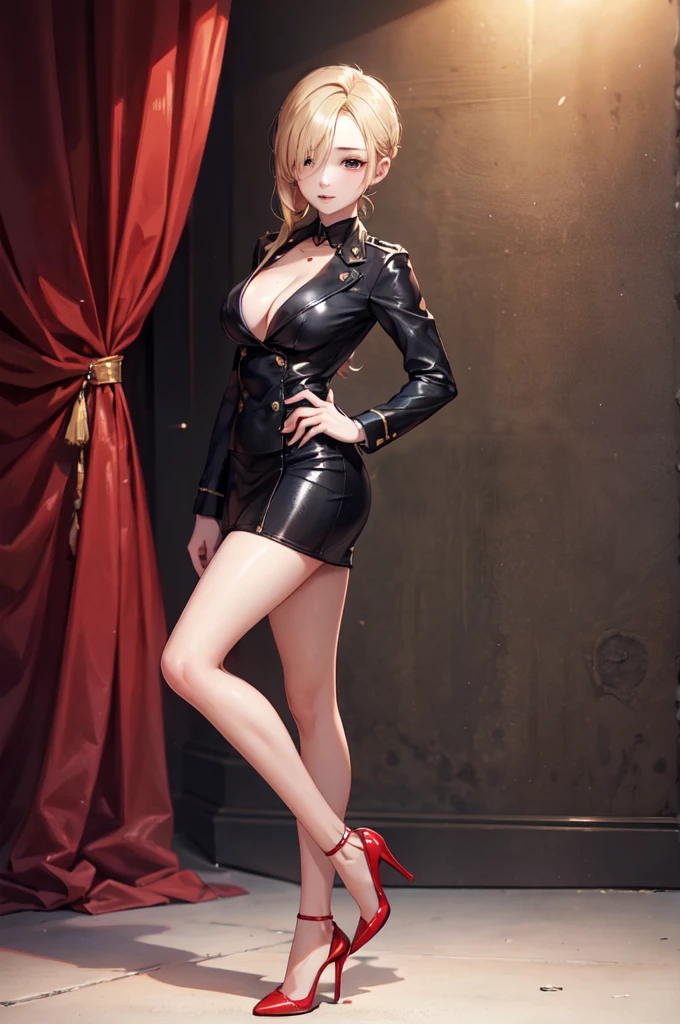 金髪タイト制服 by アスヘノキボウ with blonde, high heels, bewitching thighs, latex, leather, uniform, miniskirt, ai art, Koushuu/Sawamura