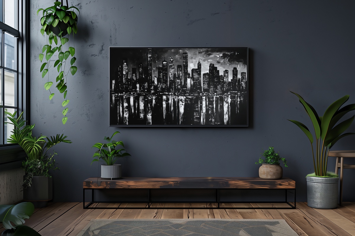 Vibrant City Night Pulse Black and White Frame TV Art