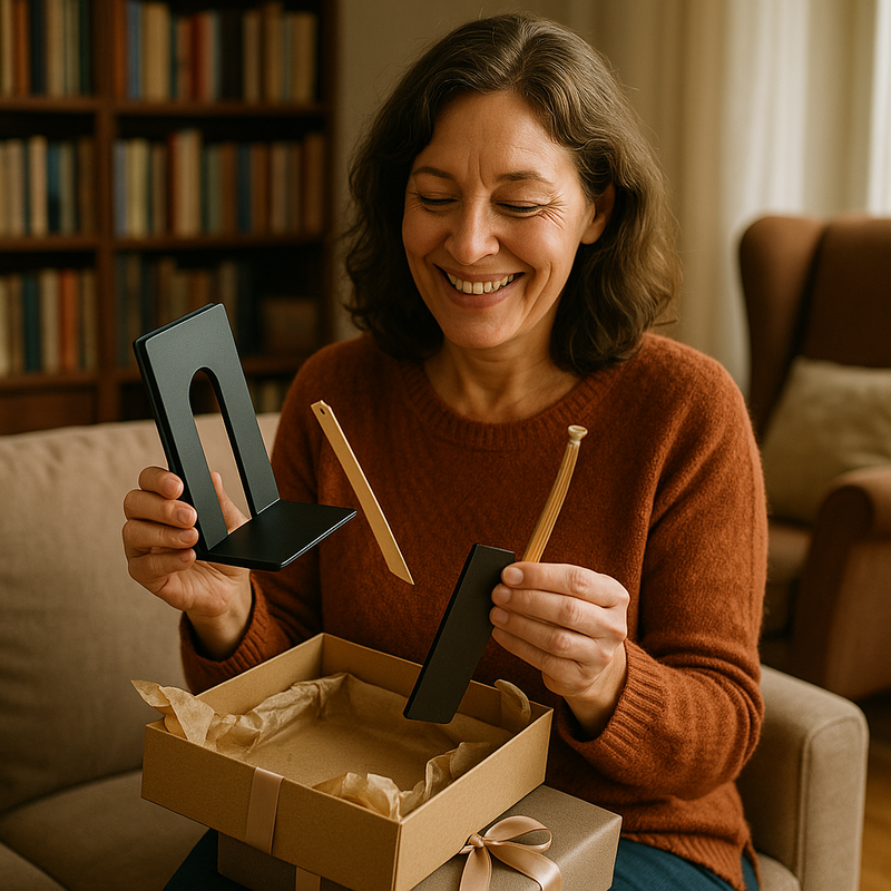 Donna adulta che apre un regalo con accessori per la biblioteca, reggilibri e segnalibro, davanti a una libreria.