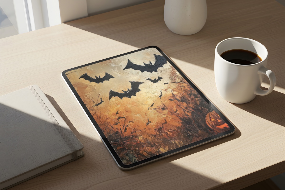 Jack-O-Lanterns and Bat Serenade Halloween iPad Wallpaper with warm amber tones