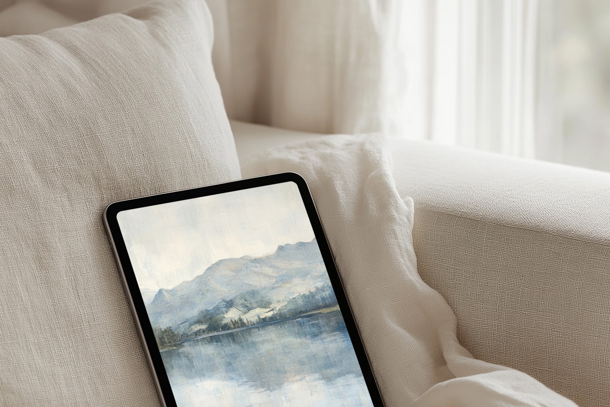 Reflective Mountain Lake Serenity landscape iPad wallpaper in deep teal, pine green, and ice blue