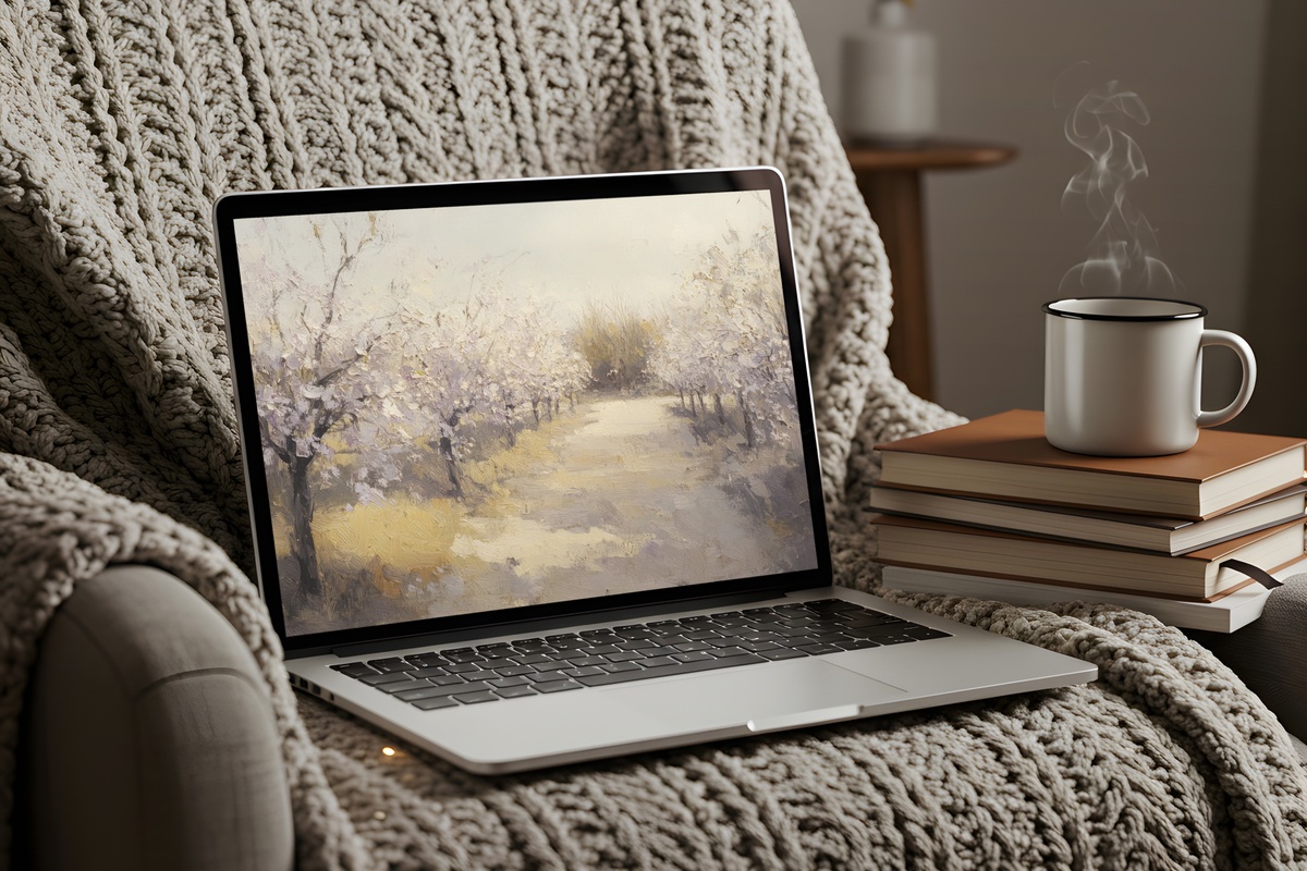 Orchard in Spring's Brush Vintage Desktop Wallpaper — blooming orchard impressionist PC wallpaper