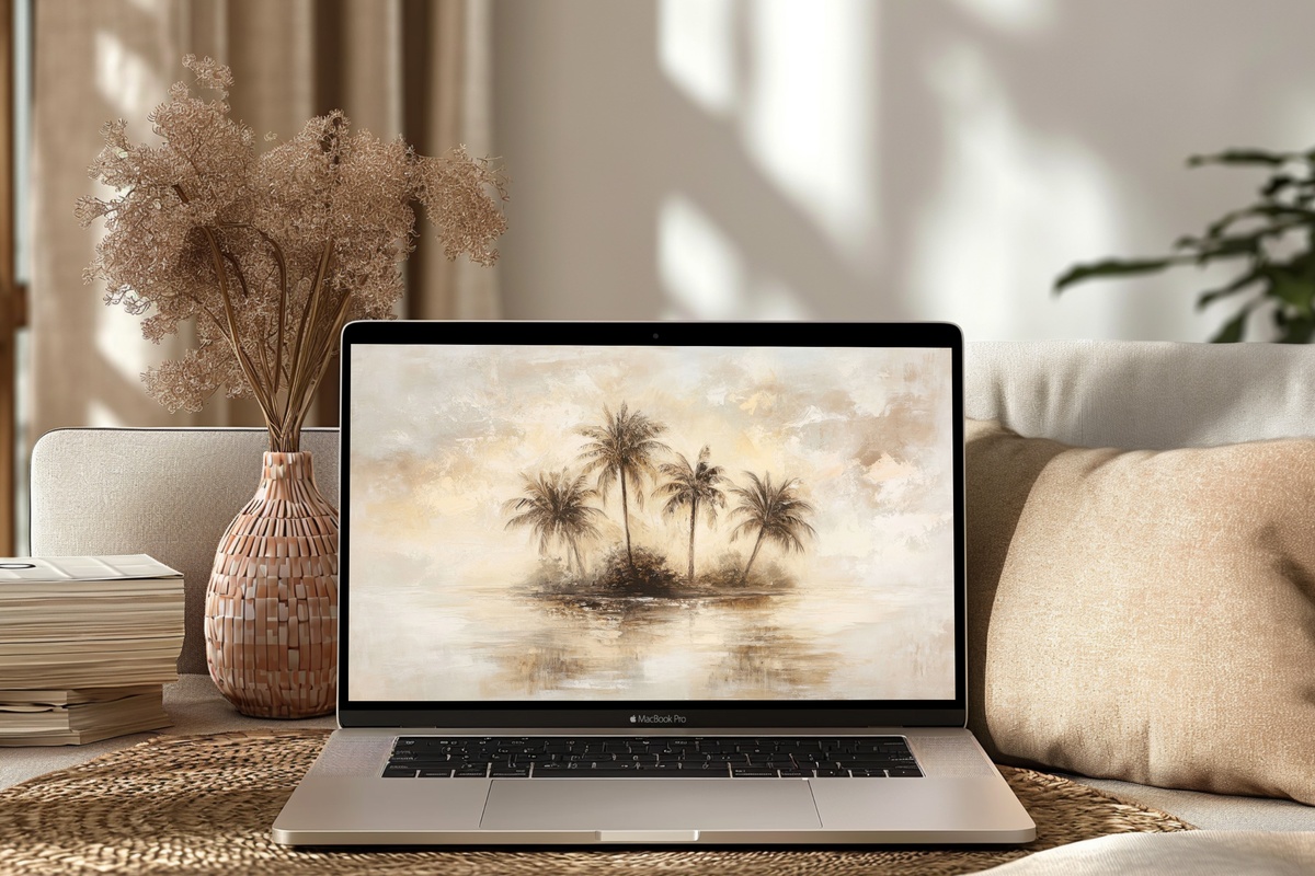 Island Blissful Harmony vintage desktop wallpaper with tropical island brushstroke scene