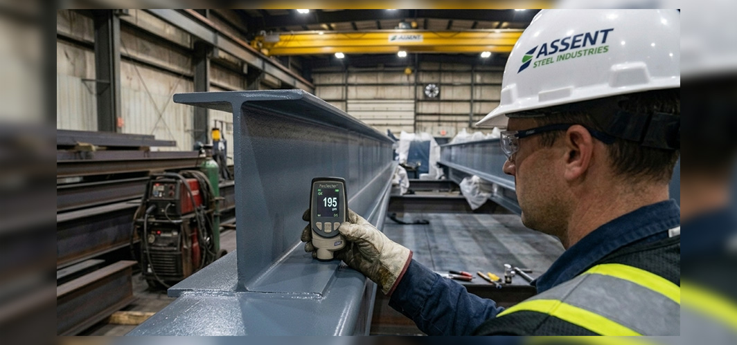 main3.jpg Quality control inspector in a white hard hat and safety vest viewed from the side, using a digital handheld gauge to measure dry film thickness (DFT)