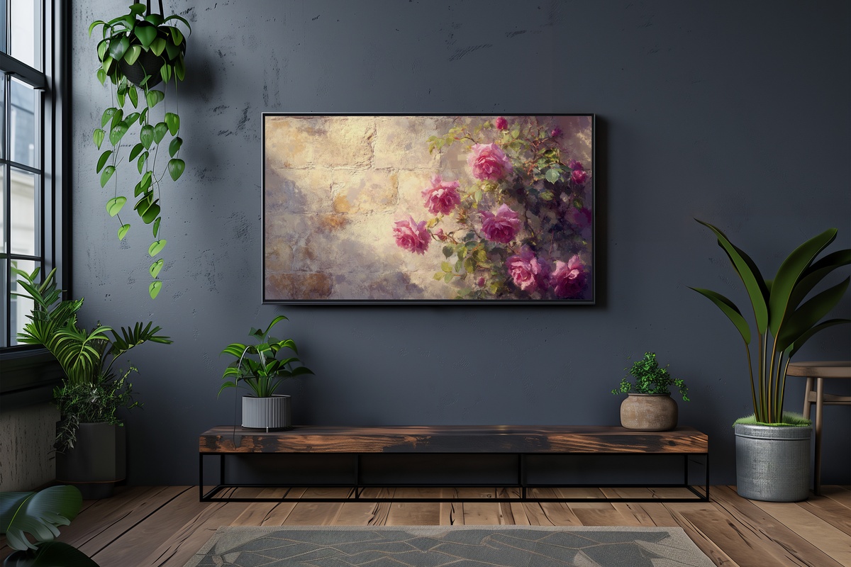 Roses in Walled Sanctuary Vintage Frame TV Art — blooming roses in a walled garden