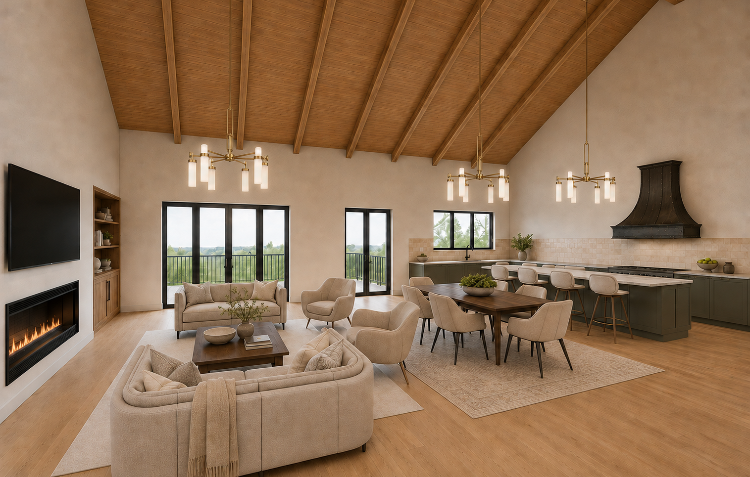 Open living, dining, and kitchen under one wood-plank vaulted ceiling with sage cabinets and brass lights