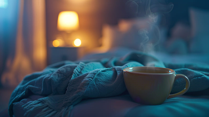 Une tasse fumante de tisane apaisante de tilleul ou verveine sur une table de nuit, préparant à la détente nocturne pour retrouver le sommeil naturellement.