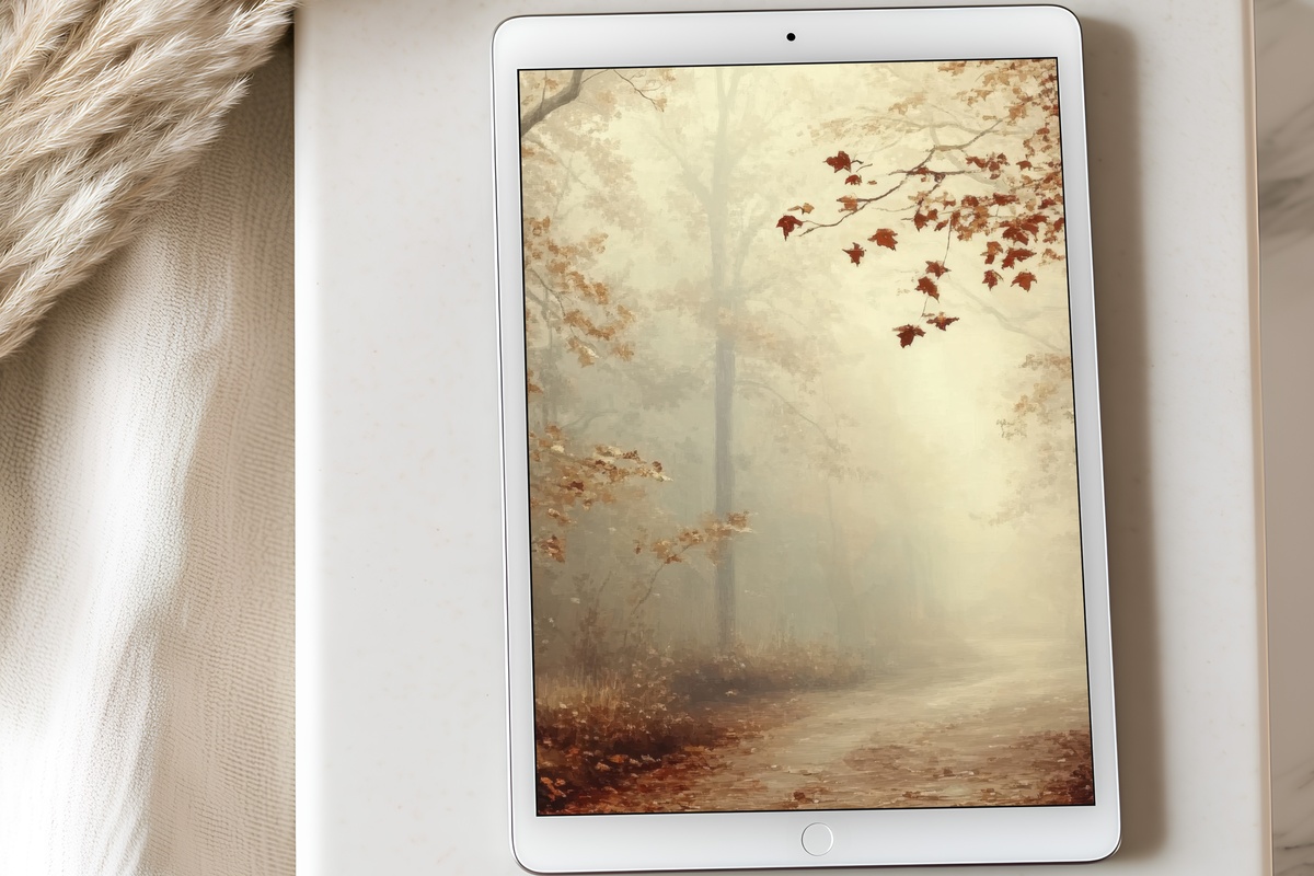 Misty Forest Pathway iPad Wallpaper with warm atmospheric hues